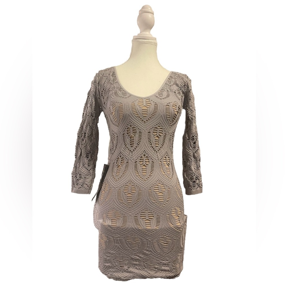 BeBe Grey Mini Dress. Body-con. Plunge -neck. P/S NWT